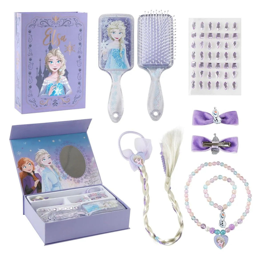 Disney Frozen Elsa beautyset meisjes met haarborstel, nepvlecht, sieraden en lila cadeaudoos