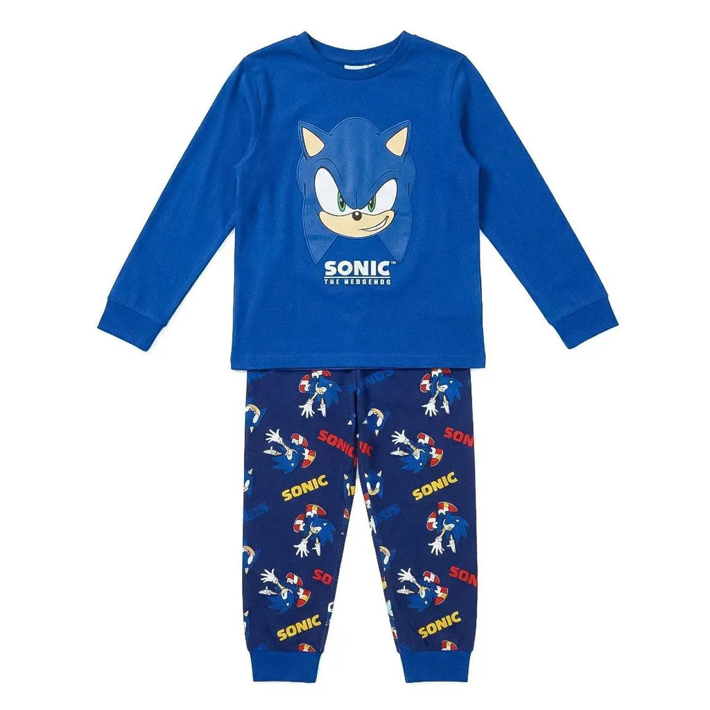 Sonic the Hedgehog pyjama jongens blauw met grote Sonic kop en broek met Sonic print vooraanzicht