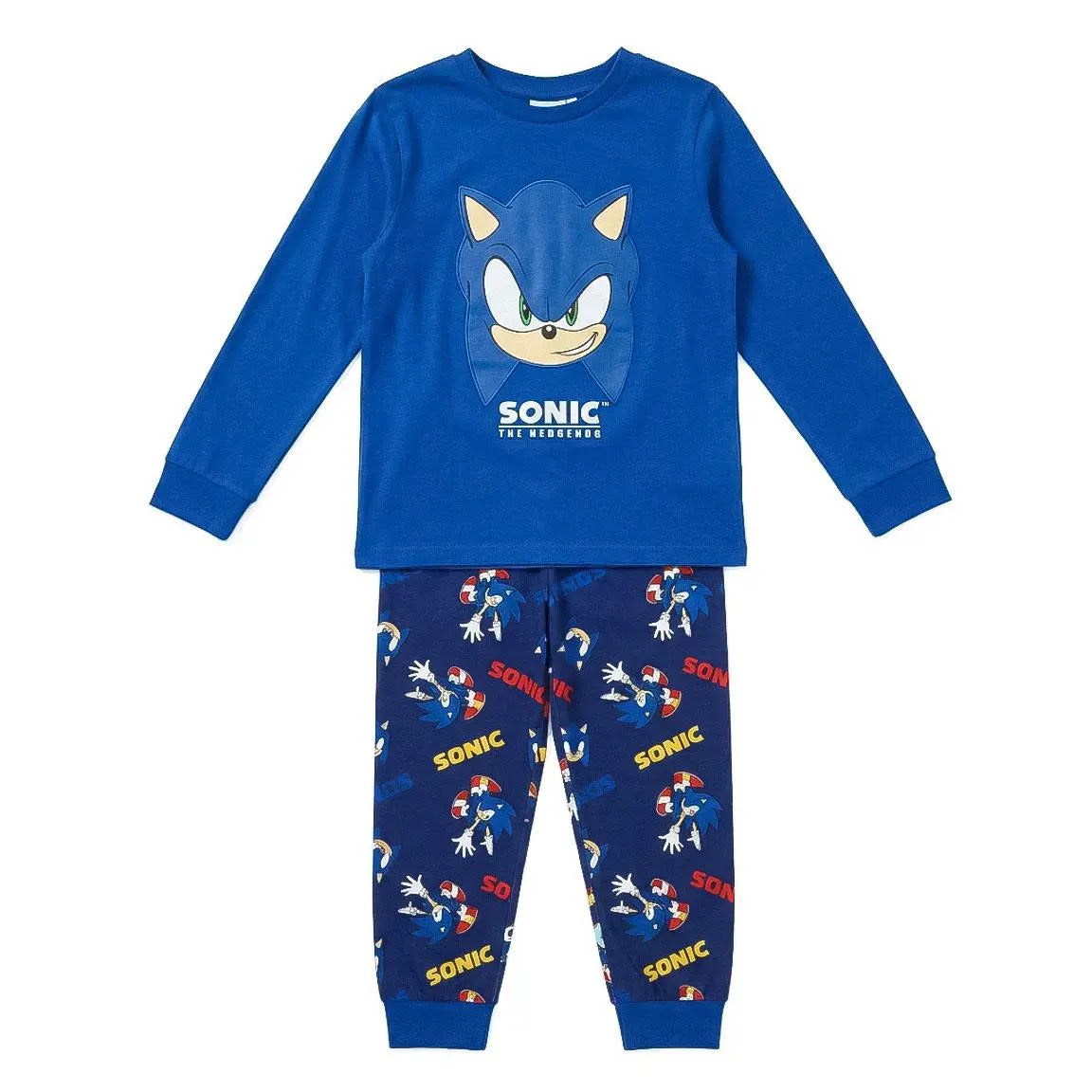 Sonic the Hedgehog pyjama jongens blauw met grote Sonic kop en broek met Sonic print vooraanzicht