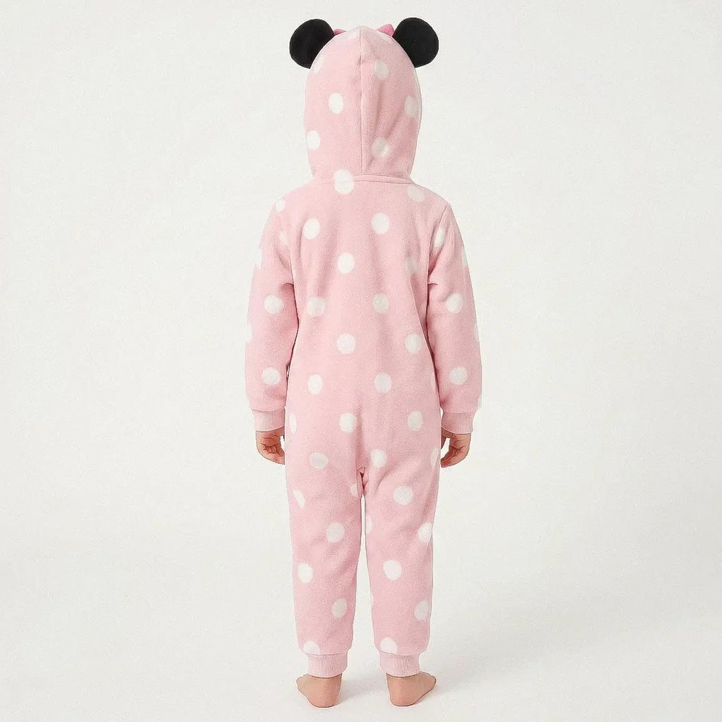 Meisje in Minnie Mouse onesie achterkant