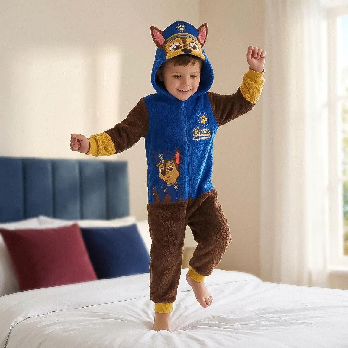 Jongen in Paw Patrol Chase onesie springt op bed