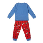 Spidey pyjama achterkant met effen blauw shirt