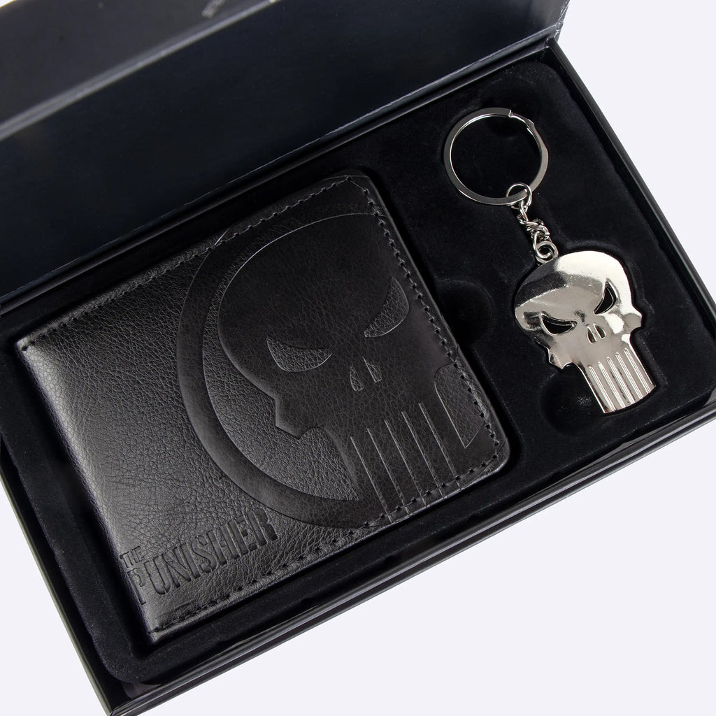 Punisher portemonnee en sleutelhanger in de geopende cadeaudoos