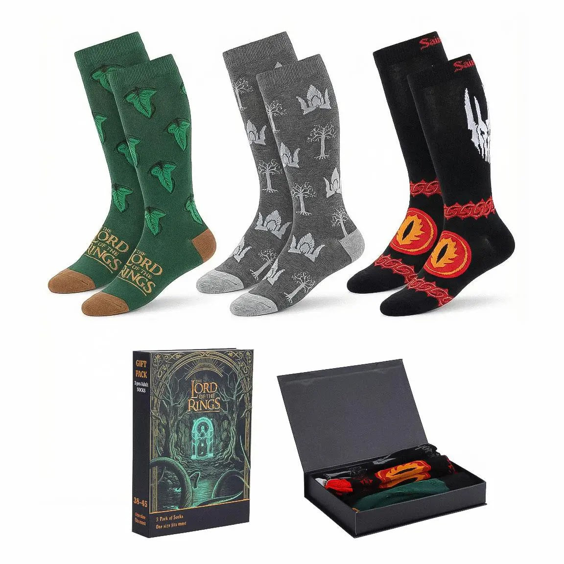 The Lord of the Rings sokken 3 paar in groen, grijs en zwart met cadeaudoos in boekvorm