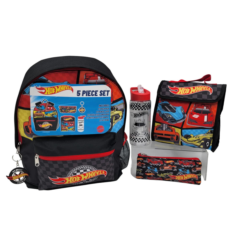 Hot Wheels 5-delige schoolset met rugzak, lunchtas, drinkfles, etui en sleutelhanger