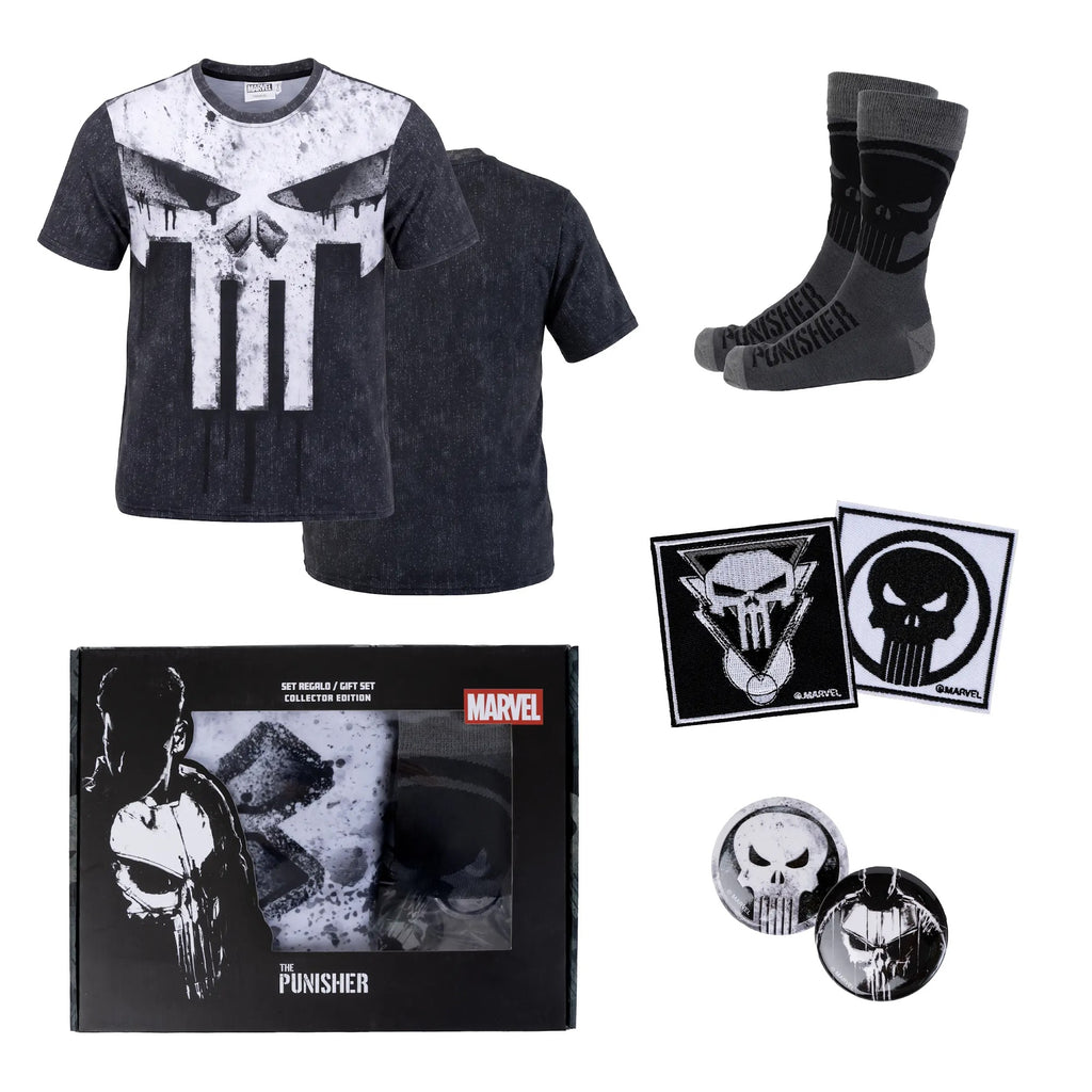 Marvel The Punisher cadeauset met grijs T-shirt, sokken, buttons, patches en cadeaudoos