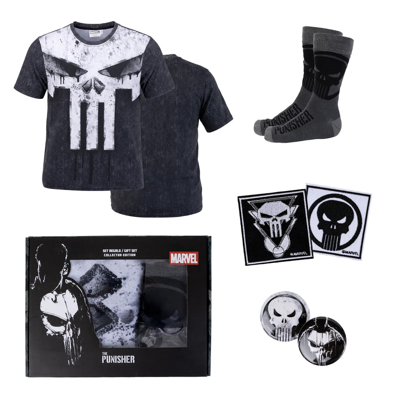 Marvel The Punisher cadeauset met grijs T-shirt, sokken, buttons, patches en cadeaudoos