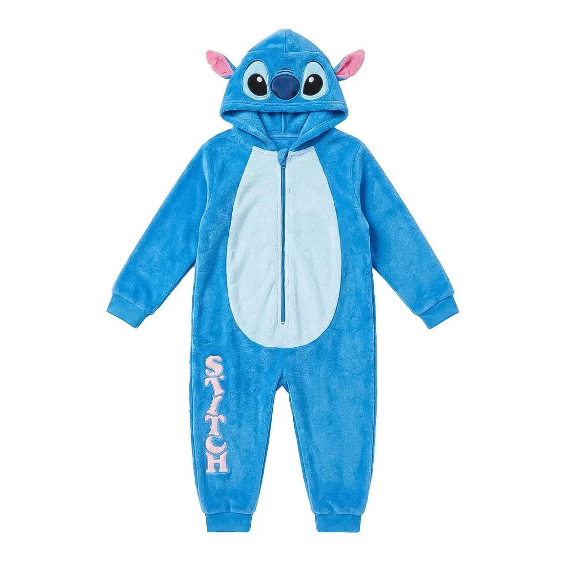 Disney Stitch onesie kinderen blauw met lichtblauwe buik en capuchon met oortjes vooraanzicht