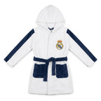 Real Madrid badjas kinderen wit met donkerblauwe strepen, capuchon en clublogo vooraanzicht