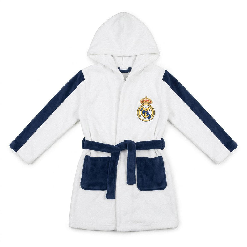 Real Madrid badjas kinderen wit met donkerblauwe strepen, capuchon en clublogo vooraanzicht