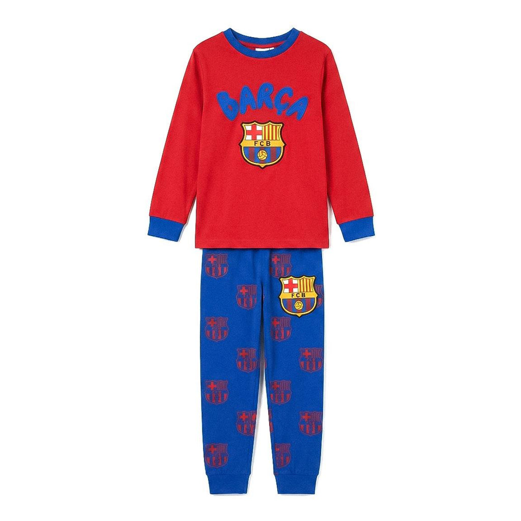 FC Barcelona pyjama kinderen rood shirt met Barça logo en blauwe broek met clubwapens vooraanzicht