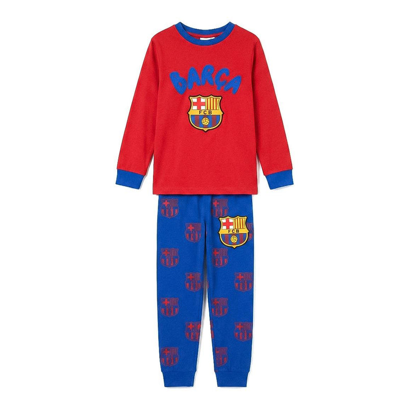 FC Barcelona pyjama kinderen rood shirt met Barça logo en blauwe broek met clubwapens vooraanzicht