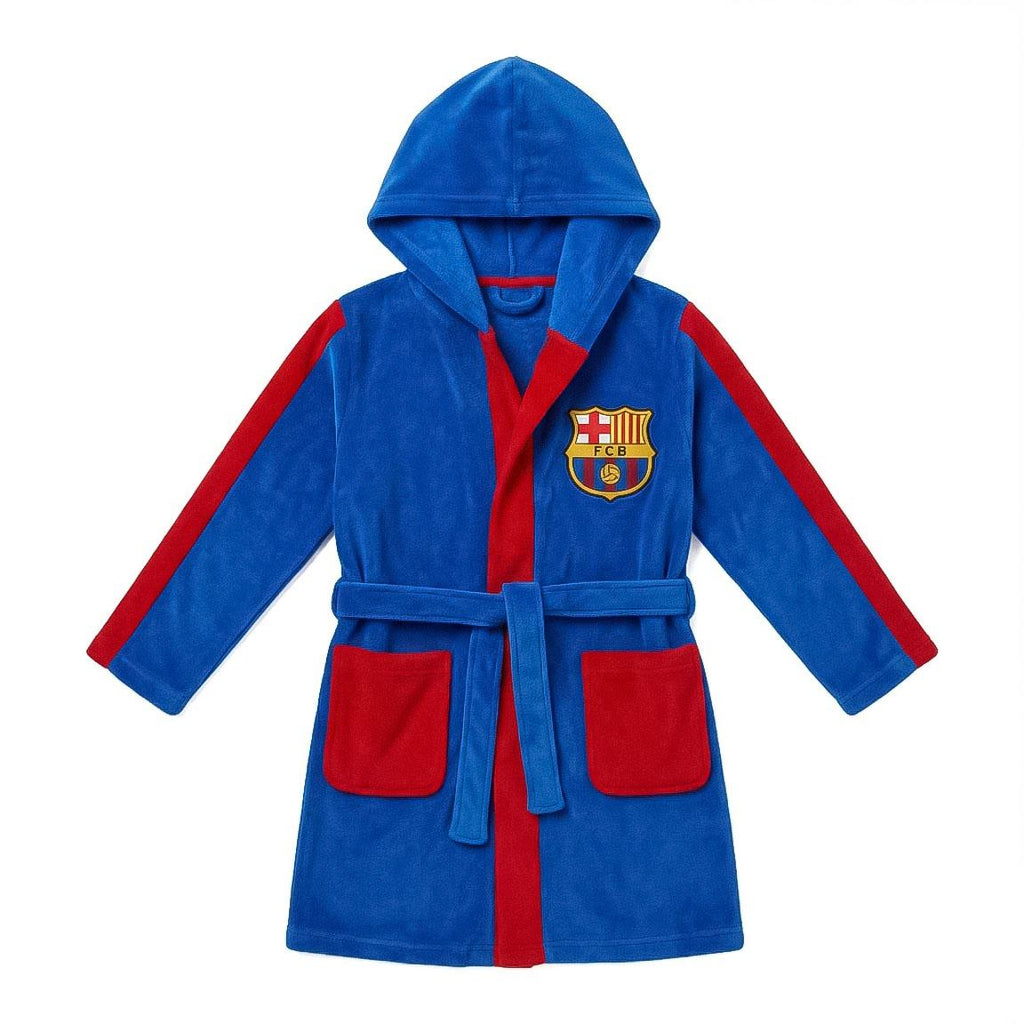 FC Barcelona badjas kinderen blauw met rode strepen, capuchon en clubwapen vooraanzicht