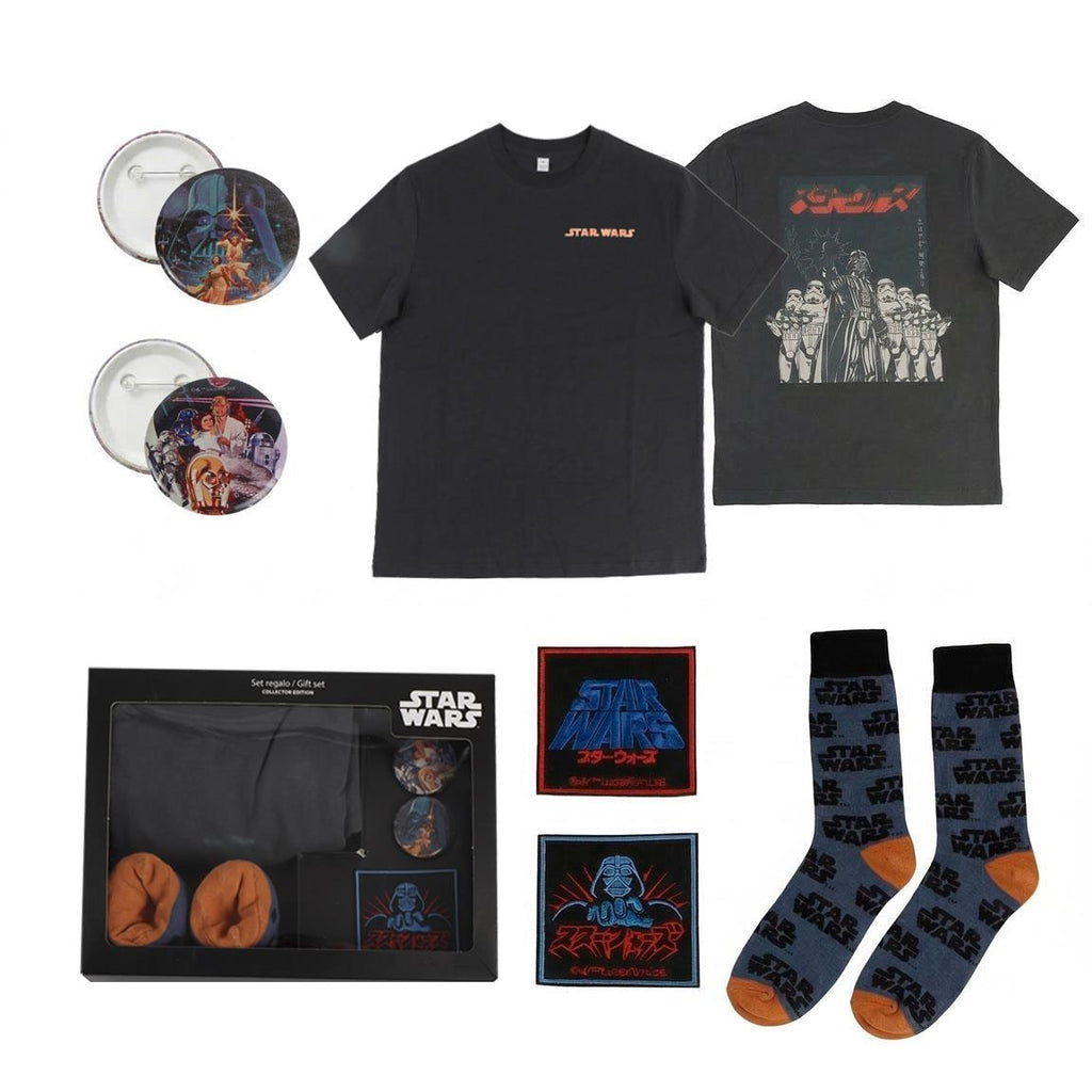 Star Wars cadeauset met zwart T-shirt, sokken, buttons, patches en cadeaudoos