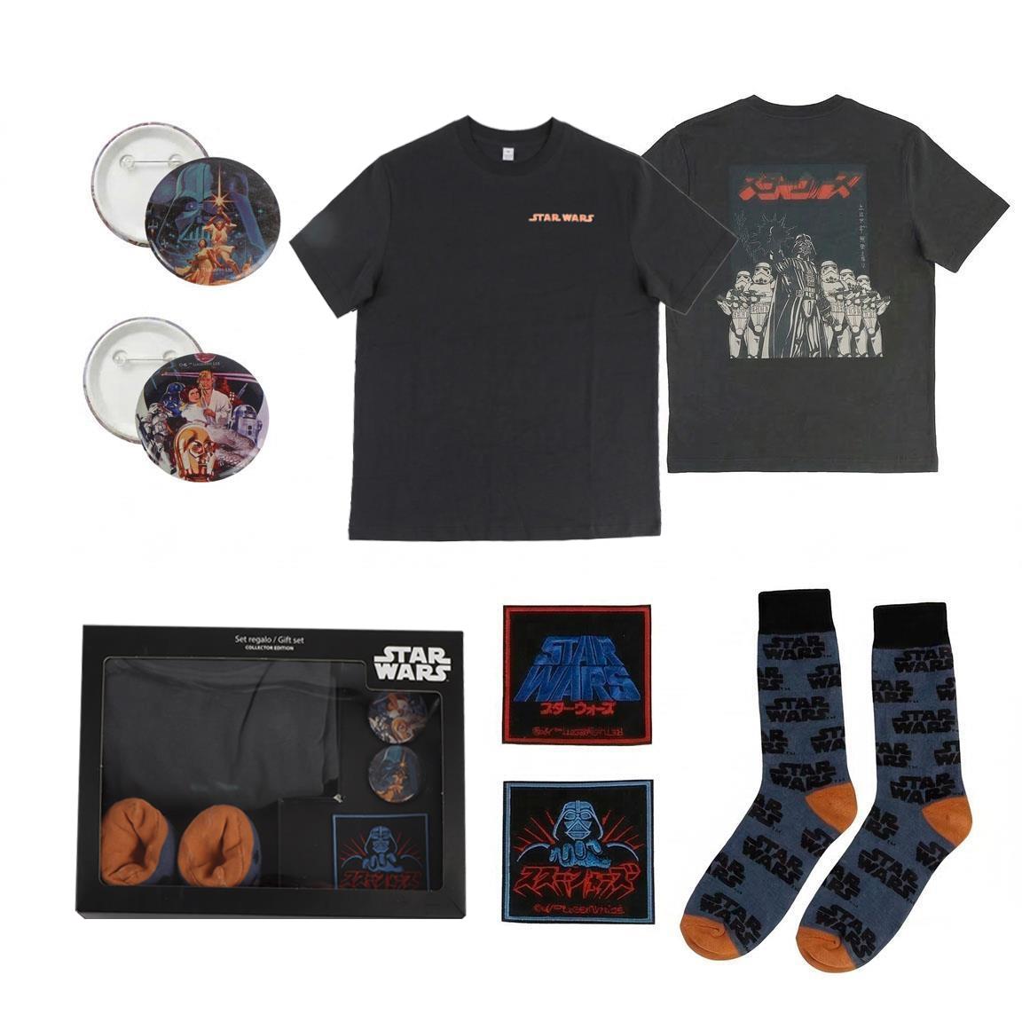 Star Wars cadeauset met zwart T-shirt, sokken, buttons, patches en cadeaudoos