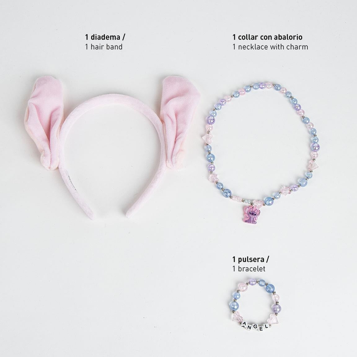 Stitch and Angel Hairband Bracelet and Necklace Girls Pink