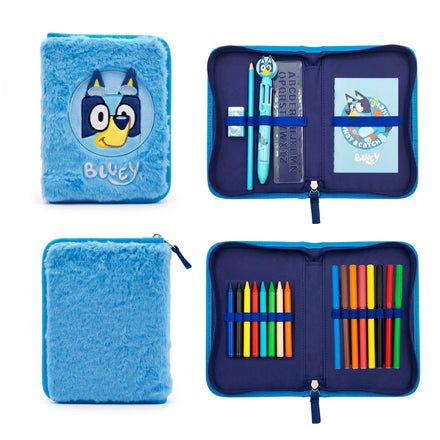 Bluey Gevulde Fluffy Etui - 1 Zipper Etui met Schoolspullen - Pluche Etui - Officiële Bluey Merchandise