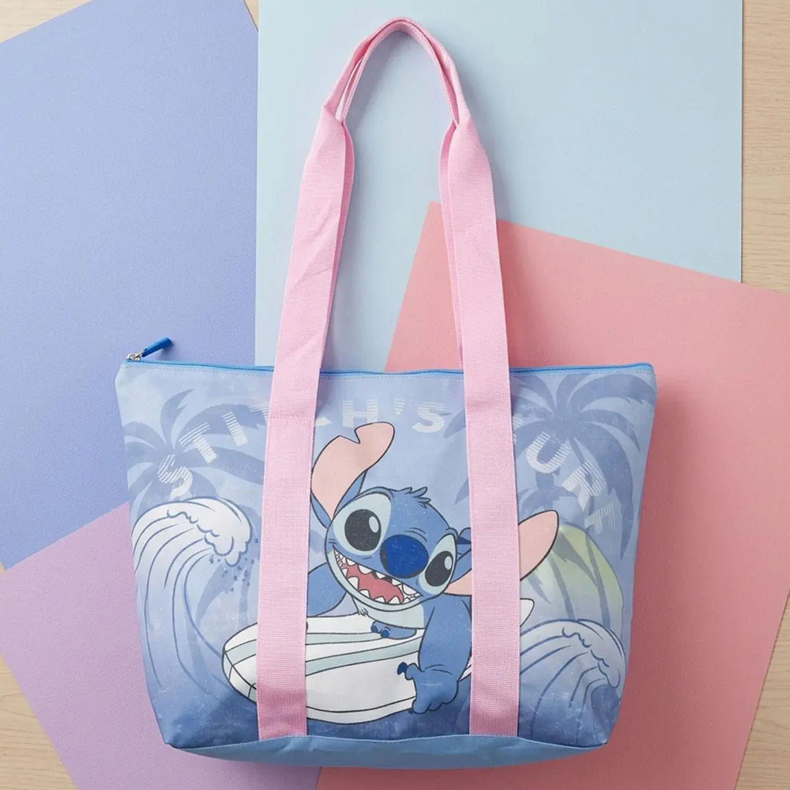 Disney Stitch Strandtas – Grote Strandtas Dames – Shopper met Ritssluiting – Blauwe Strandtas met Schouderbanden