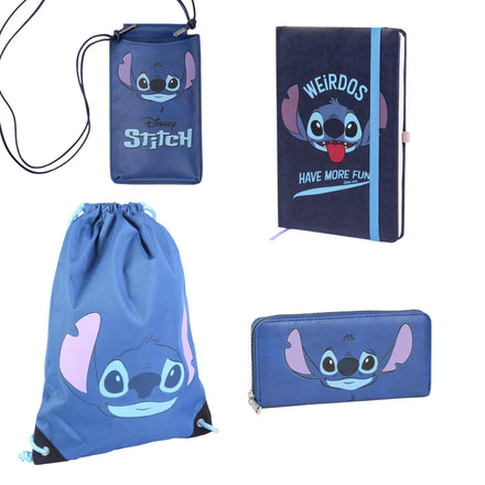 Disney Stitch Cadeauset Blauw – Portemonnee, Crossbody Telefoontasje, Notitieboek en Gymtas – Officieel Gelicenseerd