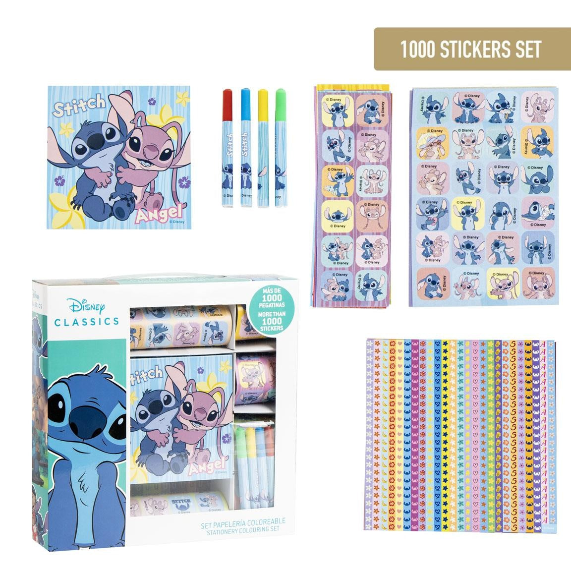 Disney Stitch & Angel Stickerset Kind – 1000 Stickers – Inclusief Kleurboekje & 4 Stiften – Meisjes Knutselen