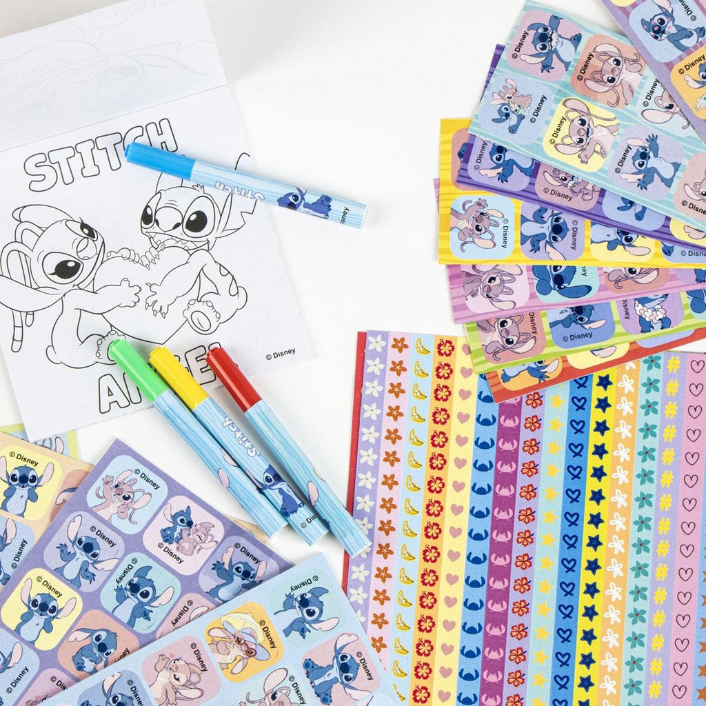 Disney Stitch & Angel Stickerset Kinder – 1000 Aufkleber – Mit Malbuch & 4 Filzstiften – Bastelset für Mädchen