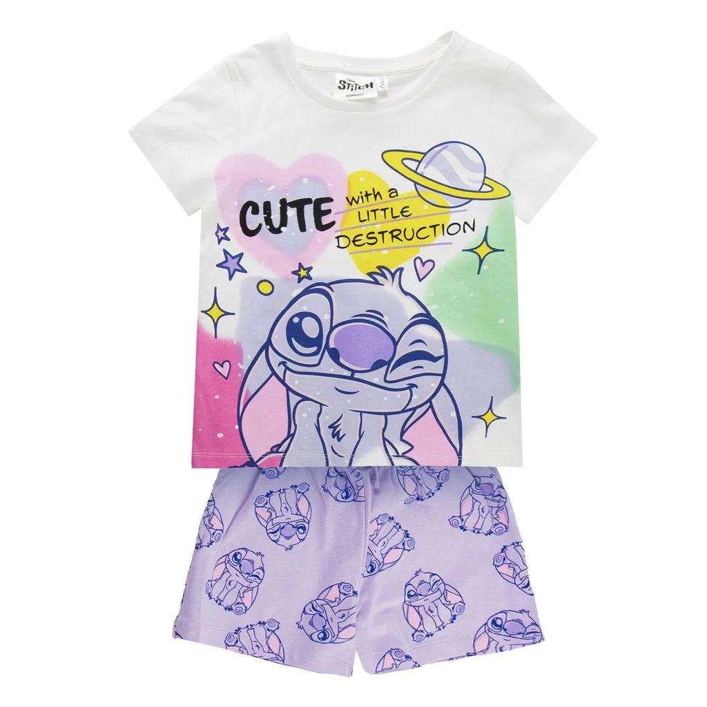 Disney Stitch Zomerset Meisjes – T-shirt en Korte Broek – Paars – Kinder Kleding Set