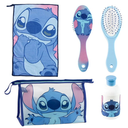 Disney Stitch Care Set with Transparent Toiletry Bag, Water Bottle, Hairbrush and Towel – Officially Licensed