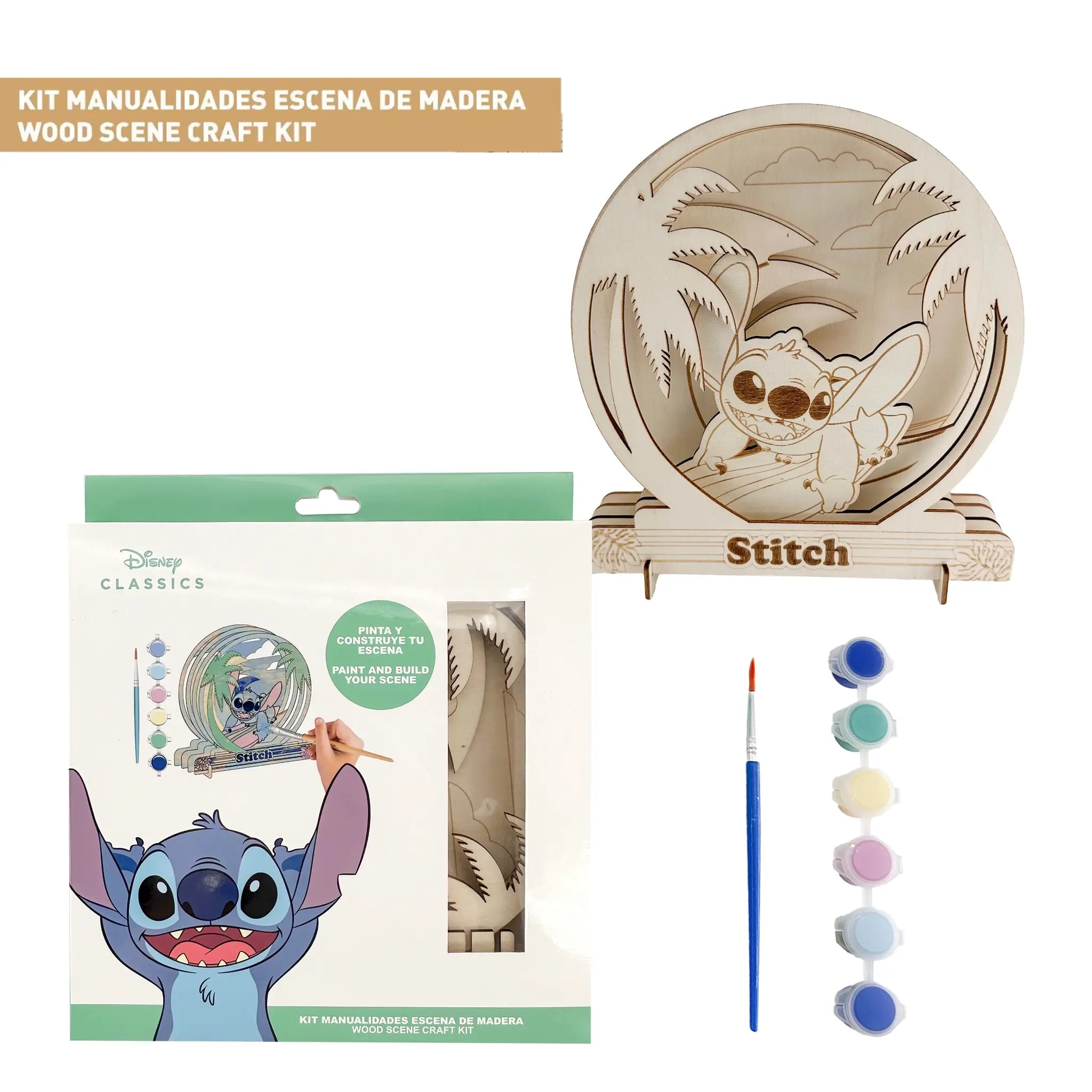 Stitch Knutselset Kind – Houten Scène Tekenset – 6 Kleuren & Kwast – Creatief Speelgoed