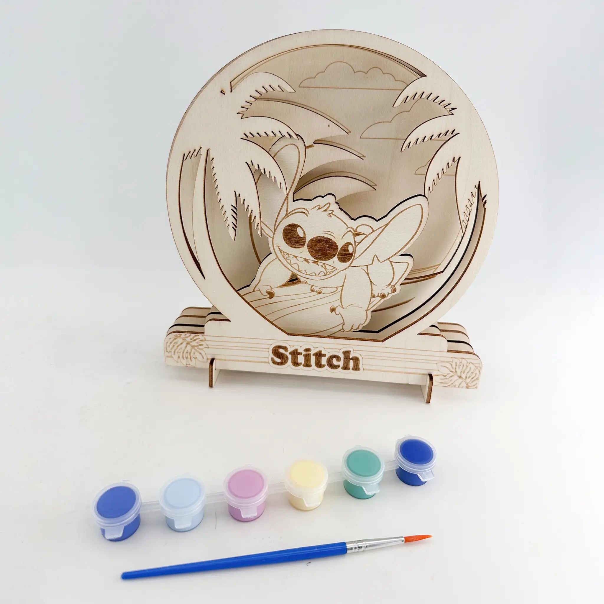 Stitch Knutselset Kind – Houten Scène Tekenset – 6 Kleuren & Kwast – Creatief Speelgoed