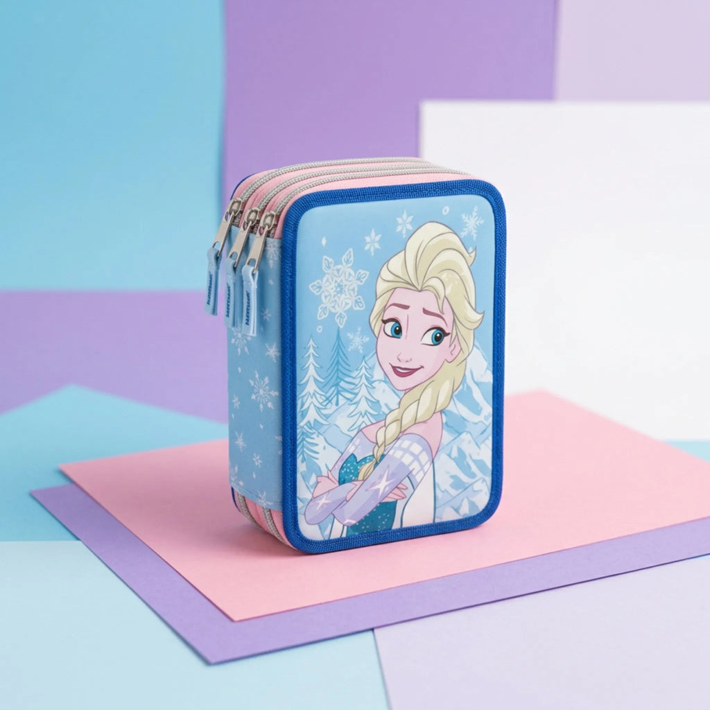 Frozen Gevuld Etui 3 Vaks – Elsa – Blauw – 51 Delig – Officieel Gelicenseerd – Inclusief Stiften, Kleurpotloden en Schoolspullen