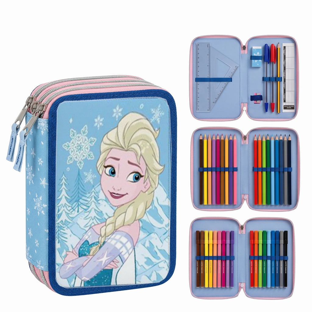 Frozen Gevuld Etui 3 Vaks – Elsa – Blauw – 51 Delig – Officieel Gelicenseerd – Inclusief Stiften, Kleurpotloden en Schoolspullen