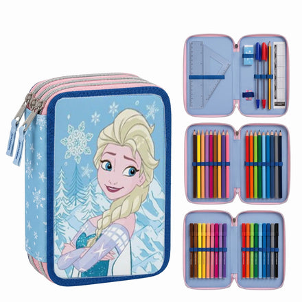 Frozen Gevuld Etui 3 Vaks – Elsa – Blauw – 51 Delig – Officieel Gelicenseerd – Inclusief Stiften, Kleurpotloden en Schoolspullen