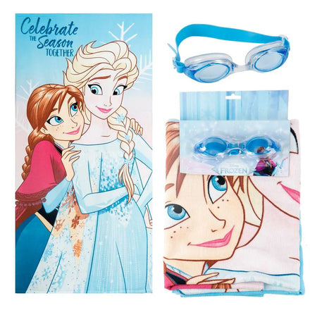Frozen Strandlaken met Zwembril – Elsa en Anna – Kinder Strand Handdoek Set – Sneldrogend – Polyester – Zomer en Strand