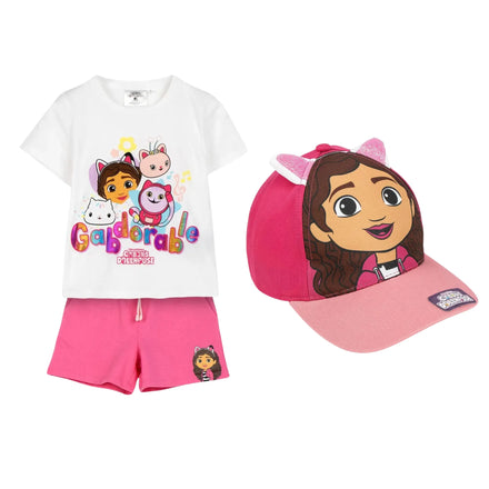 Gabby's Dollhouse Zomerset en Pet voor Meisjes – T Shirt, Korte Broek en Cap – Roze/Wit – Officieel Gelicenseerd