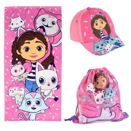 Gabby's Dollhouse Strandset Kind – Strandlaken 70x140 cm, Gymtas en Pet – Roze – Meisjes