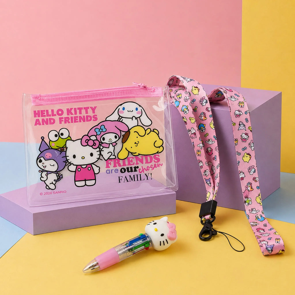 Hello Kitty & Friends Schrijfwarenset - 4-Kleurenpen, Etui en Keycord