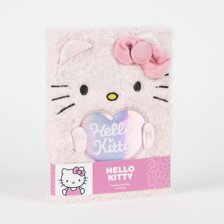 Hello Kitty Fluffy Notebook – Roze Pluche Notitieboek – Schattig Dagboek met Hartmotief