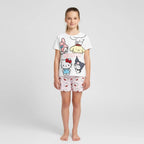 Hello Kitty and Friends Shortama Meisjes Wit Roze – Tweedelige Zomerset met Hello Kitty My Melody Kuromi en Cinnamoroll – Officiële Sanrio Merchandise