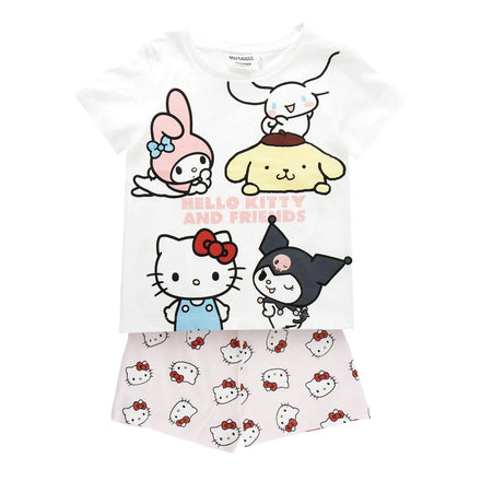 Hello Kitty and Friends Shortama Meisjes Wit Roze – Tweedelige Zomerset met Hello Kitty My Melody Kuromi en Cinnamoroll – Officiële Sanrio Merchandise