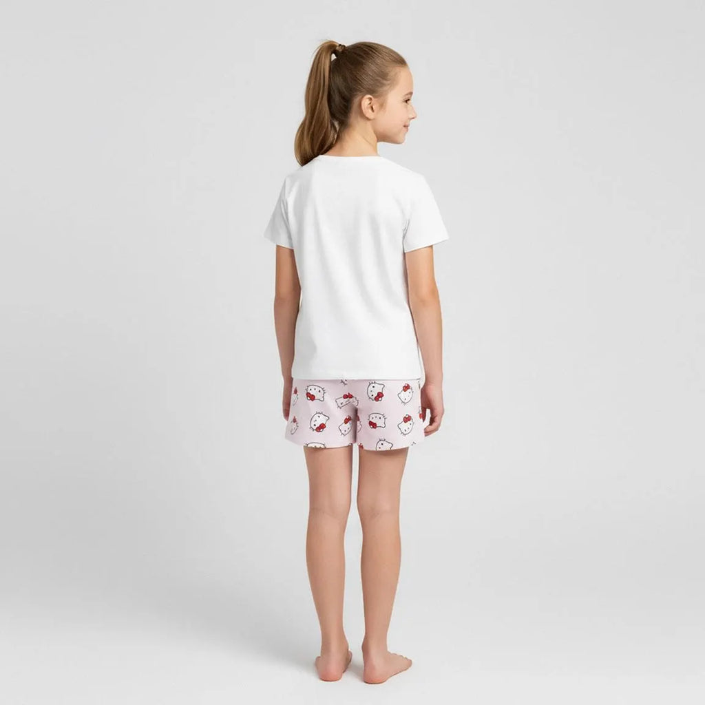Hello Kitty and Friends Shortama Meisjes Wit Roze – Tweedelige Zomerset met Hello Kitty My Melody Kuromi en Cinnamoroll – Officiële Sanrio Merchandise