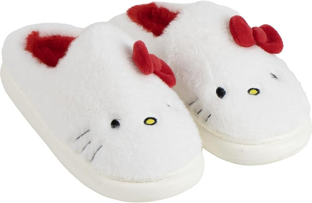 Hello Kitty Sloffen Meisjes – Witte Pantoffels met Rode Strik – Zachte Pluche Warmte