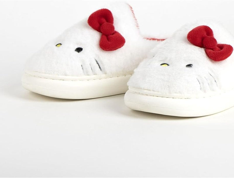 Hello Kitty Sloffen Meisjes – Witte Pantoffels met Rode Strik – Zachte Pluche Warmte