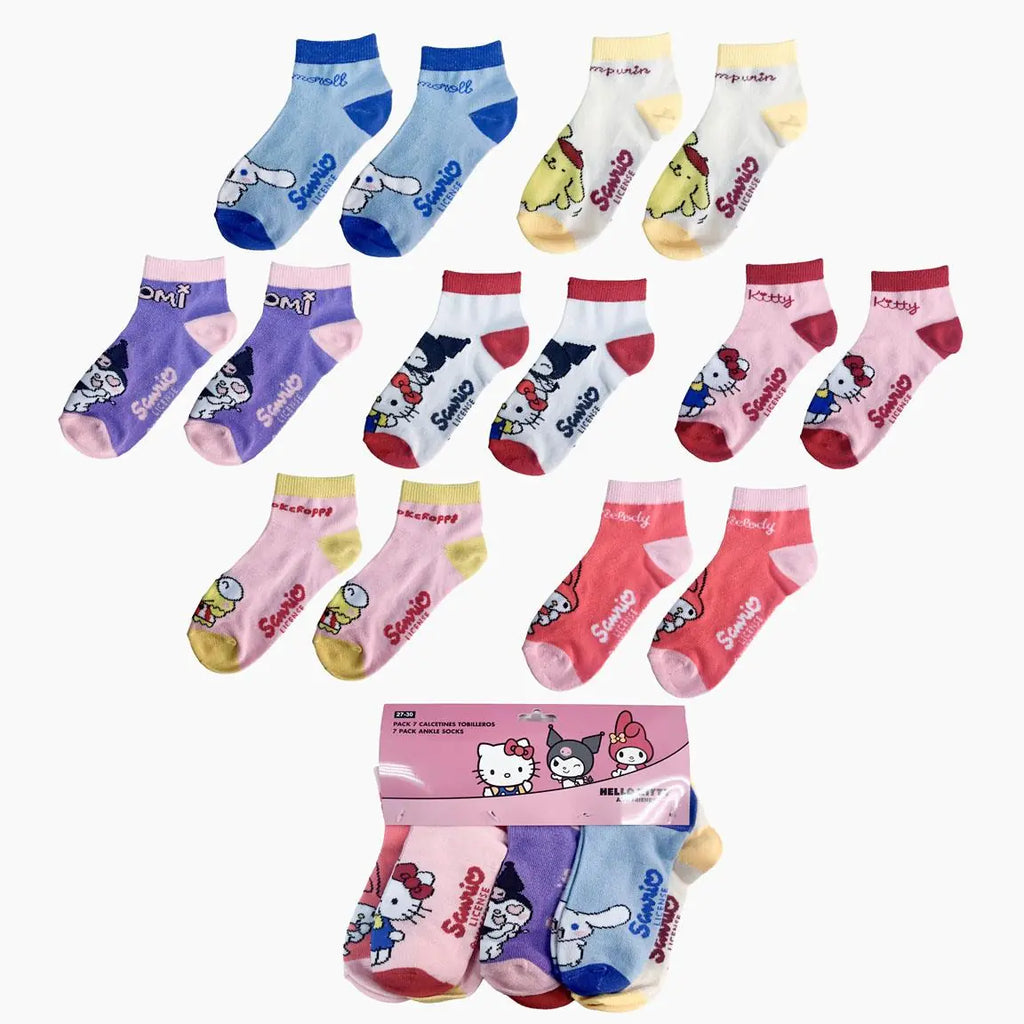Hello Kitty & Sanrio Sokken 7 Paar – Kindersokken Meisjes – Enkelsokken – Kuromi My Melody Cinnamoroll – Multicolor