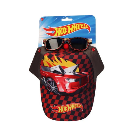 Hot Wheels Pet met Zonnebril Set – Kinder Pet Jongens – Rood Zwart – Verstelbare Cap – UV Bescherming