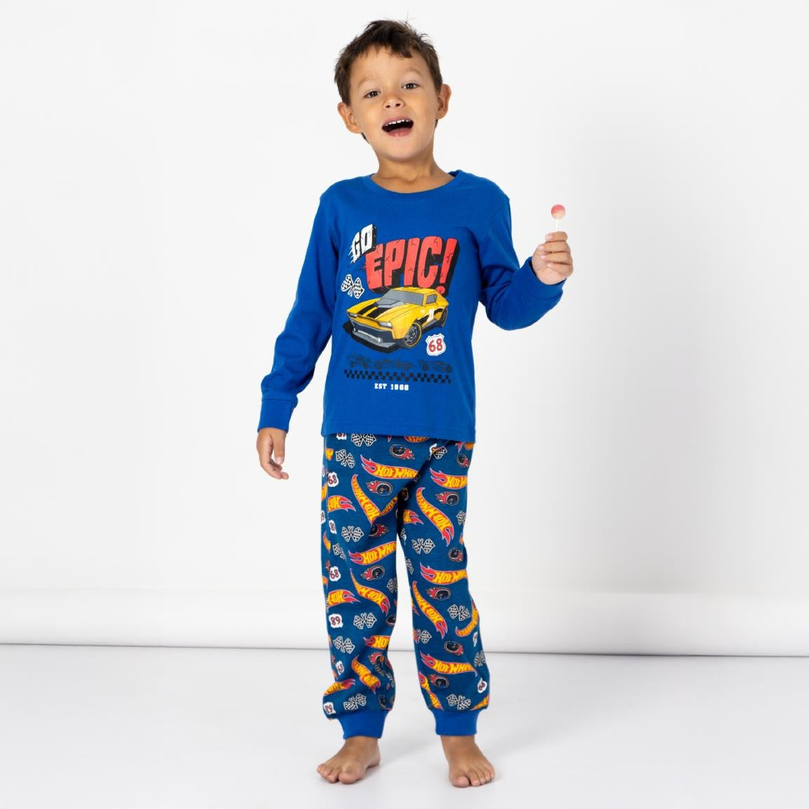 Hot Wheels Pyjama Jongens – Blauwe Kinderpyjama met Auto Print – Comfortabele Slaapkleding met Lange Mouwen en Broek – Officieel Gelicenseerd