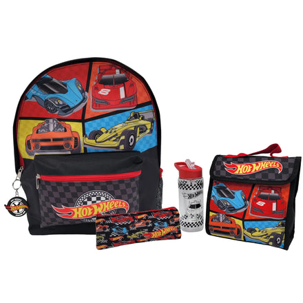 Hot Wheels Schoolset 5-delig - Rugzak, Lunchtas, Drinkfles, Etui & Sleutelhanger - Zwart Rood
