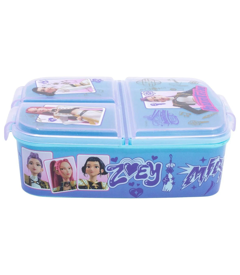 Bovenaanzicht van Kpop Demon Hunters lunchbox met afbeeldingen van Rumi, Mira en Zoey