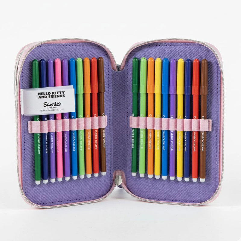 Kuromi Gevuld Etui 3 Vaks – Paars – 44 Delig – Officieel Gelicenseerd – Inclusief Stiften, Kleurpotloden, Liniaal en Schrijfwaren