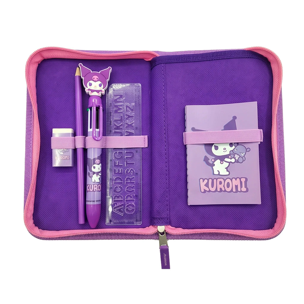 Hello Kitty Kuromi Etui Gevuld – Fluffy Pennenzak – 2 Vaks Etui – Schrijfset met Stiften, Kleurpotloden, Pen, Liniaal en Gum – Officiële Sanrio Merchandise