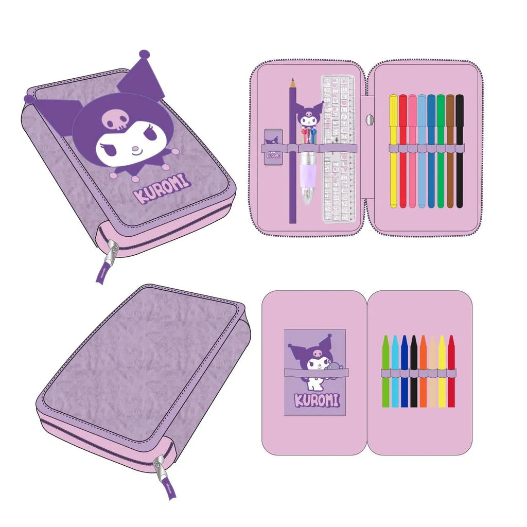Hello Kitty Kuromi Etui Gevuld – Fluffy Pennenzak – 2 Vaks Etui – Schrijfset met Stiften, Kleurpotloden, Pen, Liniaal en Gum – Officiële Sanrio Merchandise